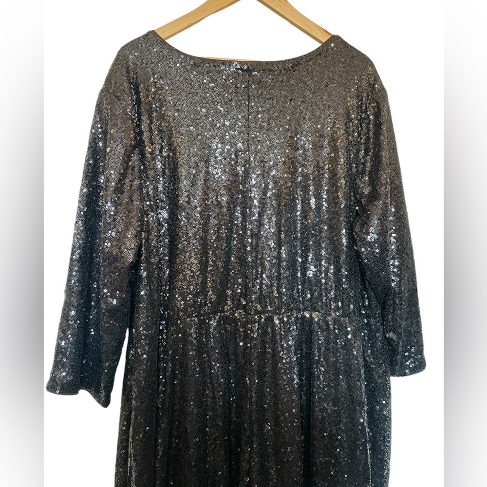 LANE BRYANT Sequined Black V-Neck Dress Ruffle Trim 3/4 Sleeve - Size 22/24 - Picture 6 of 15